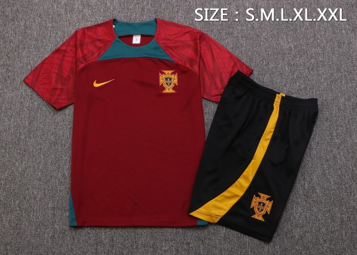 Portugal 22/23 Maroon Short Sleeve Training Suit with 5-Panel Shorts - 图片 6