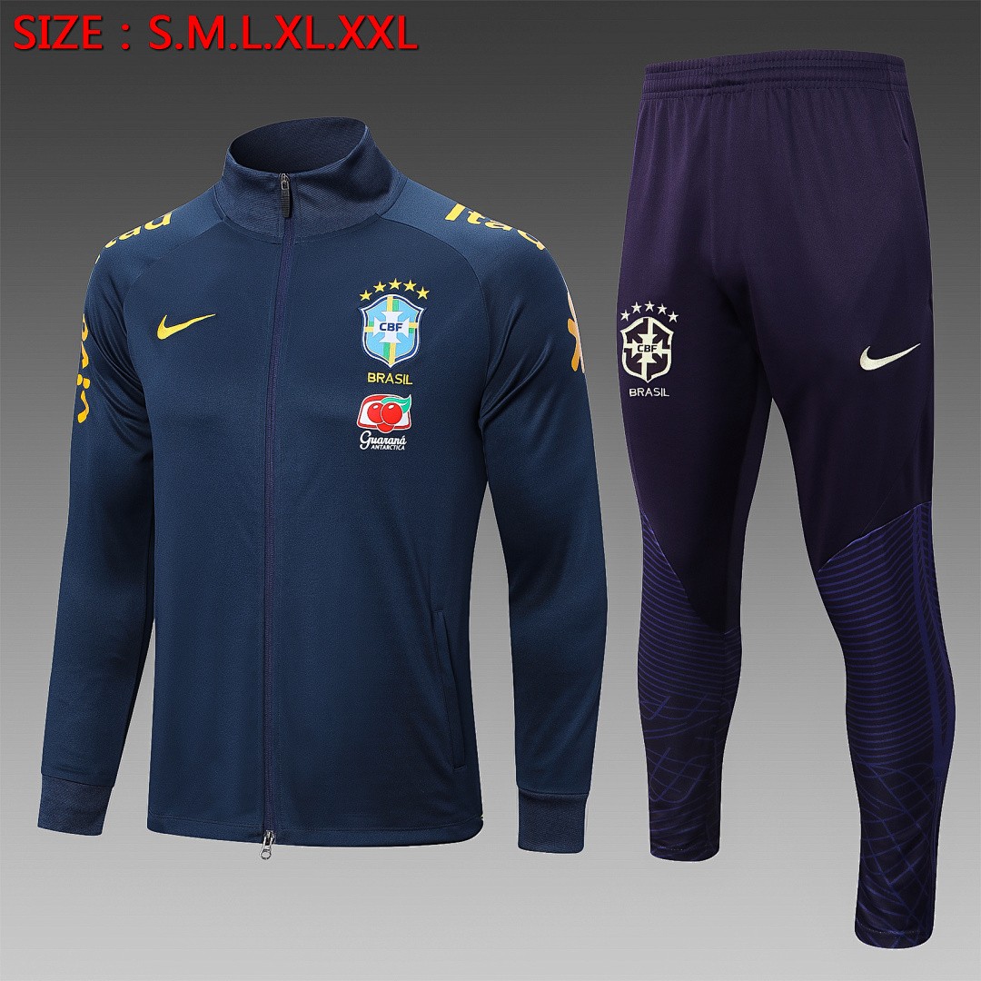 Brazil 22/23 High Neck Long Zipper Jacket Navy Blue