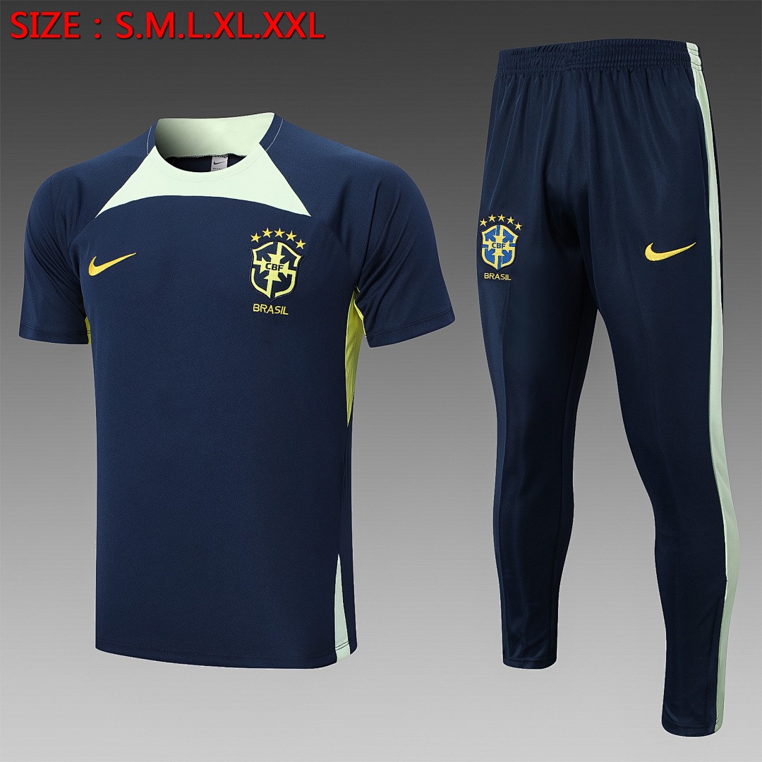Brazil 2022-2023 Training Short Sleeve Set, Royal Blue with Yellow Collar