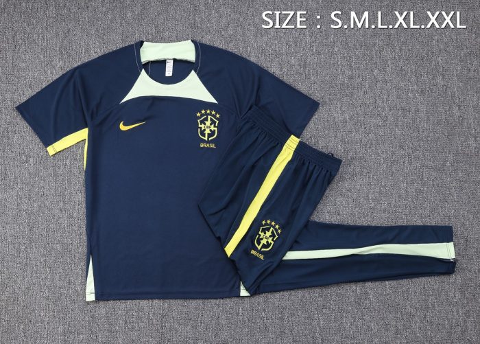 Brazil 2022-2023 Training Short Sleeve Set, Royal Blue with Yellow Collar - 图片 2