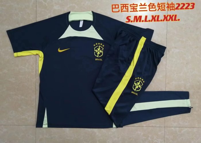 Brazil 2022-2023 Training Short Sleeve Set, Royal Blue with Yellow Collar - 图片 9