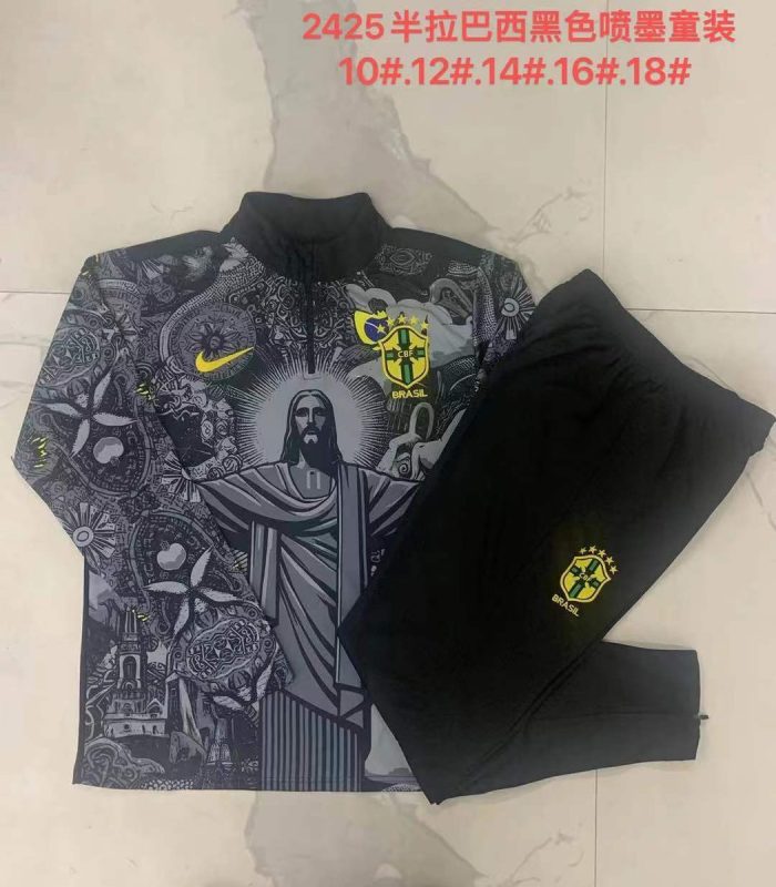 Brazil 24/25 Black Splatter Kids' Half-Zip Jacket - 图片 4