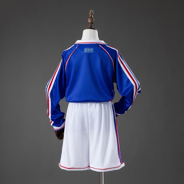 France 1998 Home Retro Long Sleeve Kids Kit Jersey - 图片 2